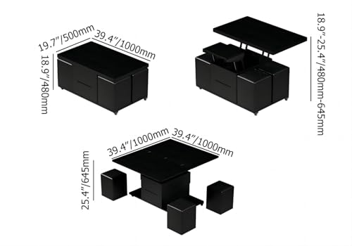homary Black Lift-Top Coffee Table with Hidden Storage and 4 Stools O1455