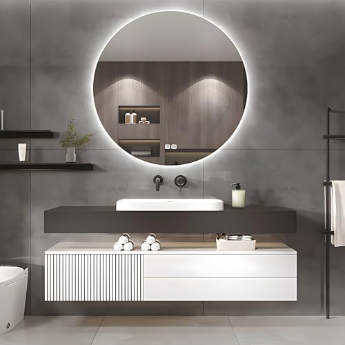Bathroom Vanity - Floating Bathroom Vanity with Sink & Round LED Defog Mirror with Lights, Modern Bathroom Vanity with Drawer and Floating Shelf, Solid Wood, Wall Mounted(White, 36")