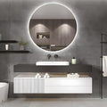 Bathroom Vanity - Floating Bathroom Vanity with Sink & Round LED Defog Mirror with Lights, Modern Bathroom Vanity with Drawer and Floating Shelf, Solid Wood, Wall Mounted(White, 36")
