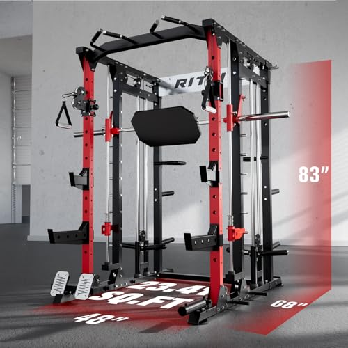 RitFit Buffalo Smith Machine Power Cage with Lat Pull-Down & Cable Crossover for Home Gym V3251