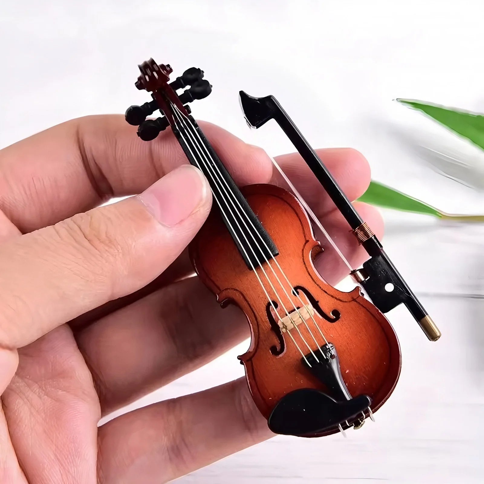 Wooden Mini Violin Model with Stand Playable Figurine T1445