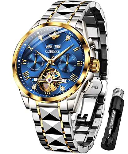 OUPINKE Mens Watches Automatic Skeleton Tourbillon Self Winding Luxury Sapphire Crystal Business Dress WristWatch