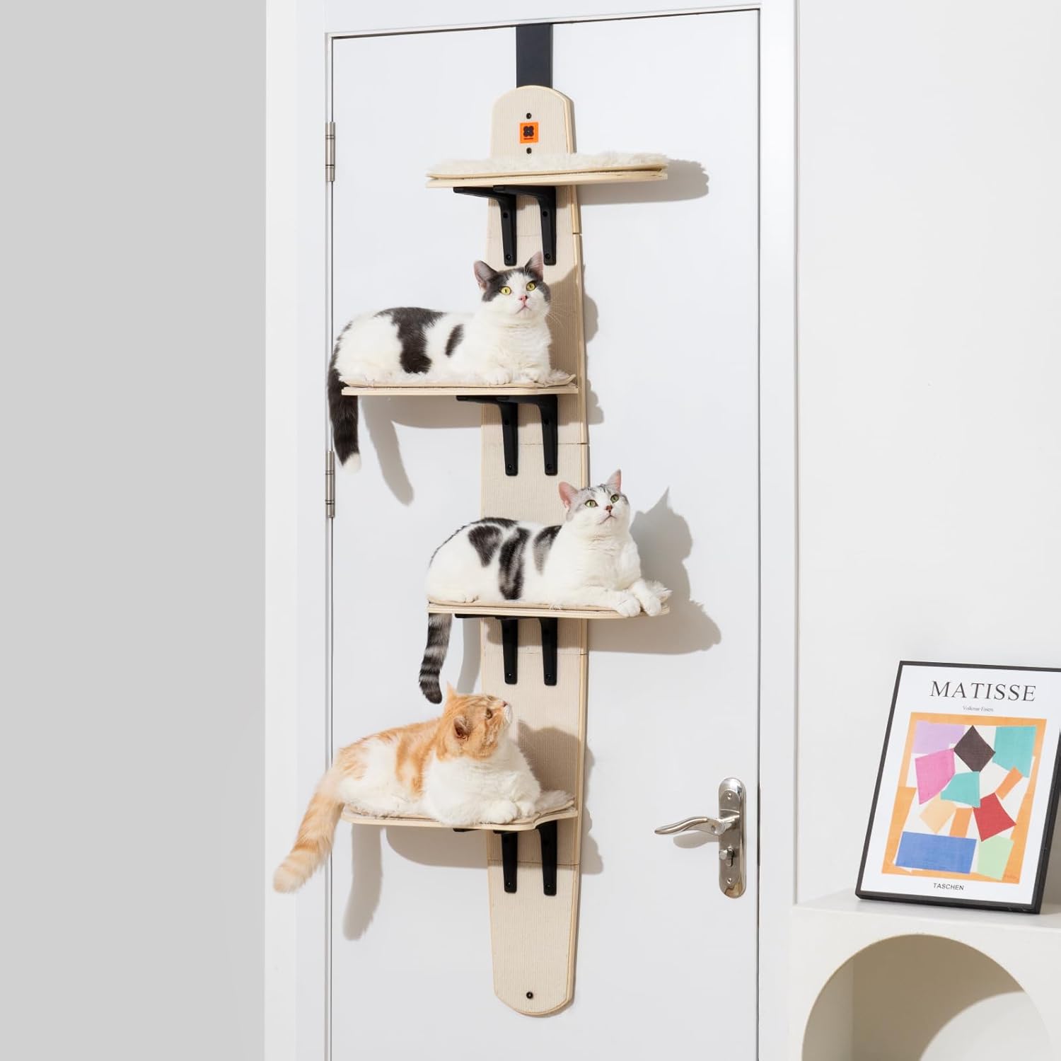 MEWOOFUN Cat Tree Door Mounted Cat Climber, Cat Shelves Cat Ladder with Removable Soft Mat, 4-Levels Over Door Cat Climber for Indoor Cats (Wooden-67.2" H X 23.4" L X 8.4鈥漌)