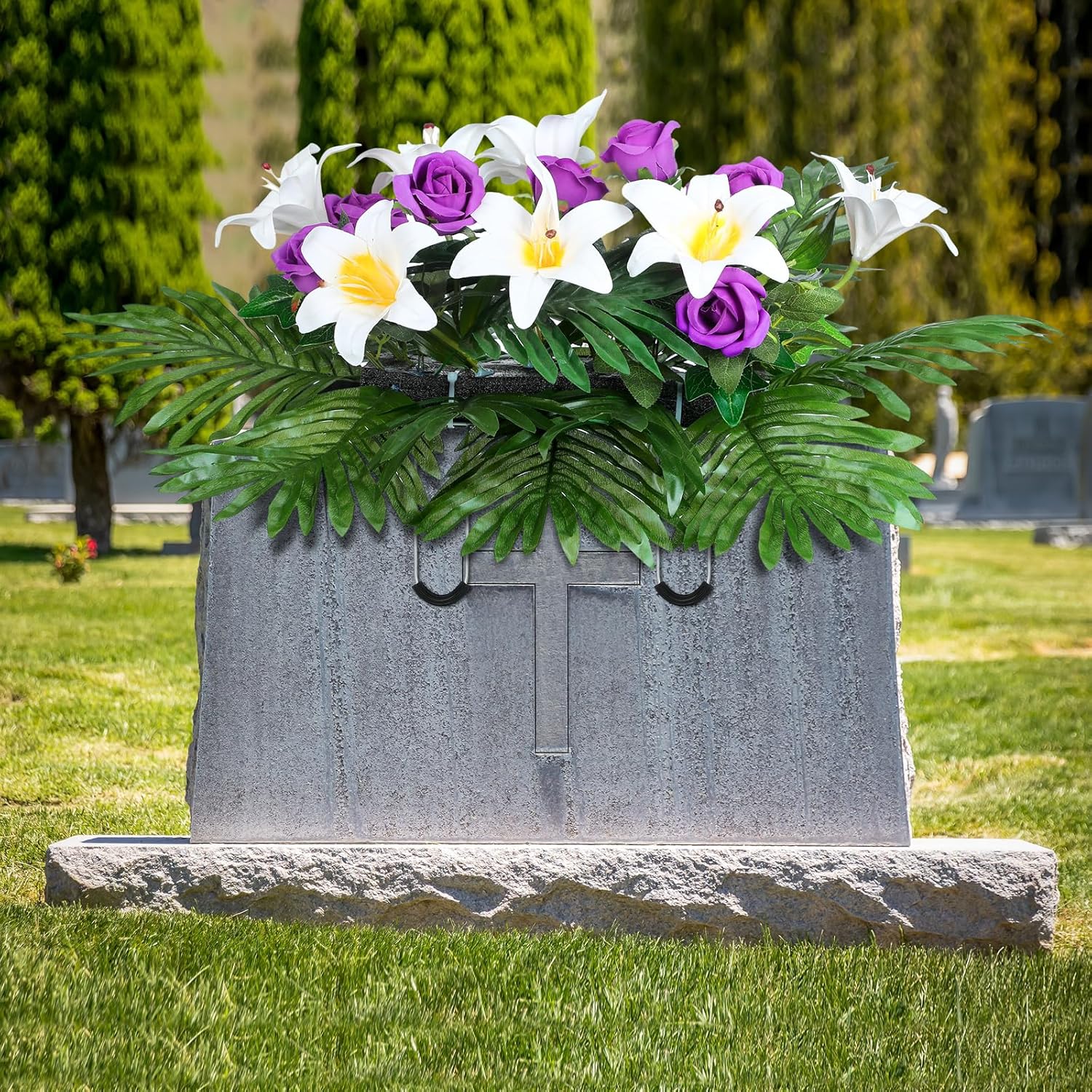 Artificial Flowers for Headstone Faux Tombstone Flower Saddle Artificial Realistic Cemetery Flower for Gravestone Purple Rose and Lily Mix Arrangement for Easter Outdoor Grave Decoration