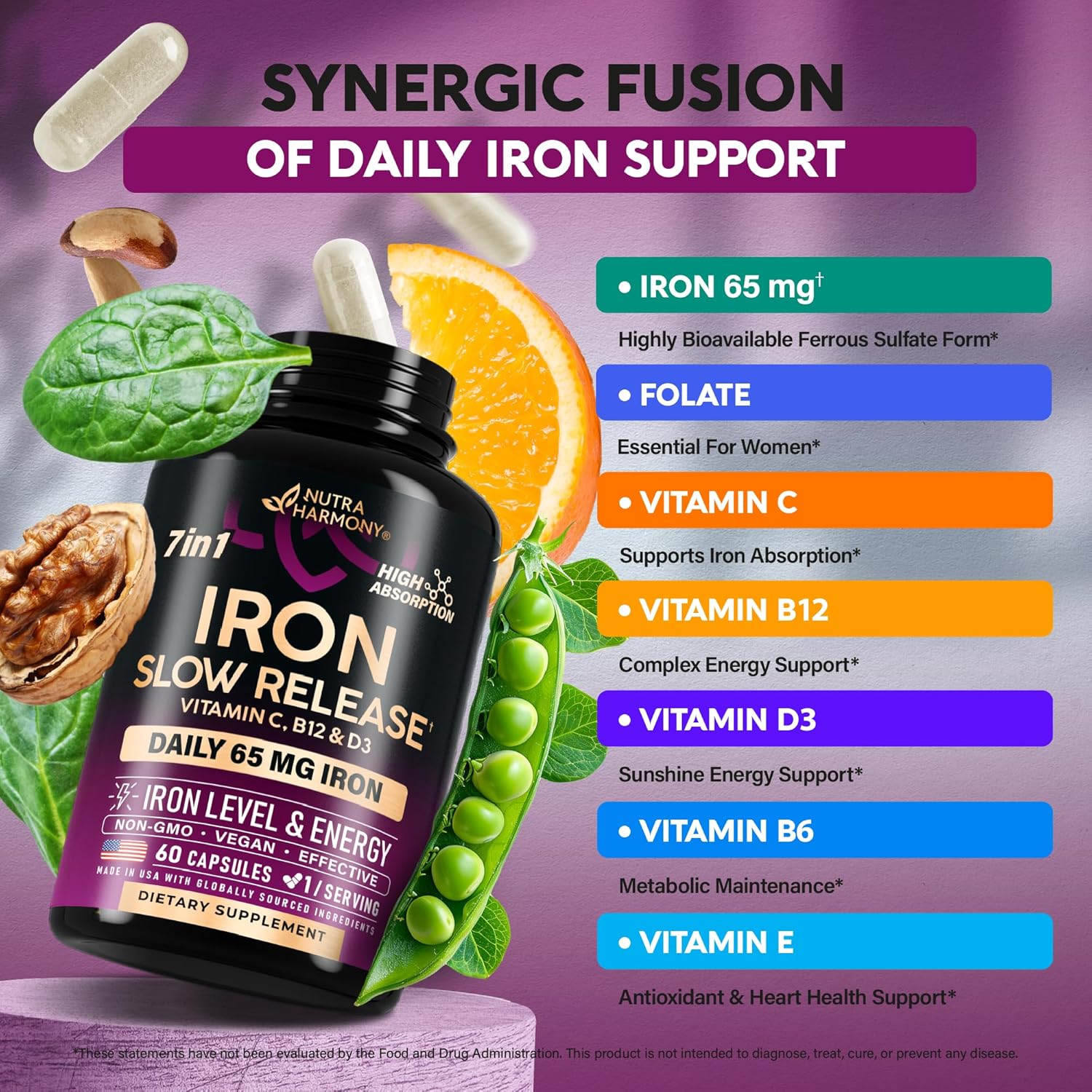 Iron Supplement for Women 65mg Ferrous Sulfate with Vitamins C D3 B6 B12 Folate, 60 Capsules Q71879