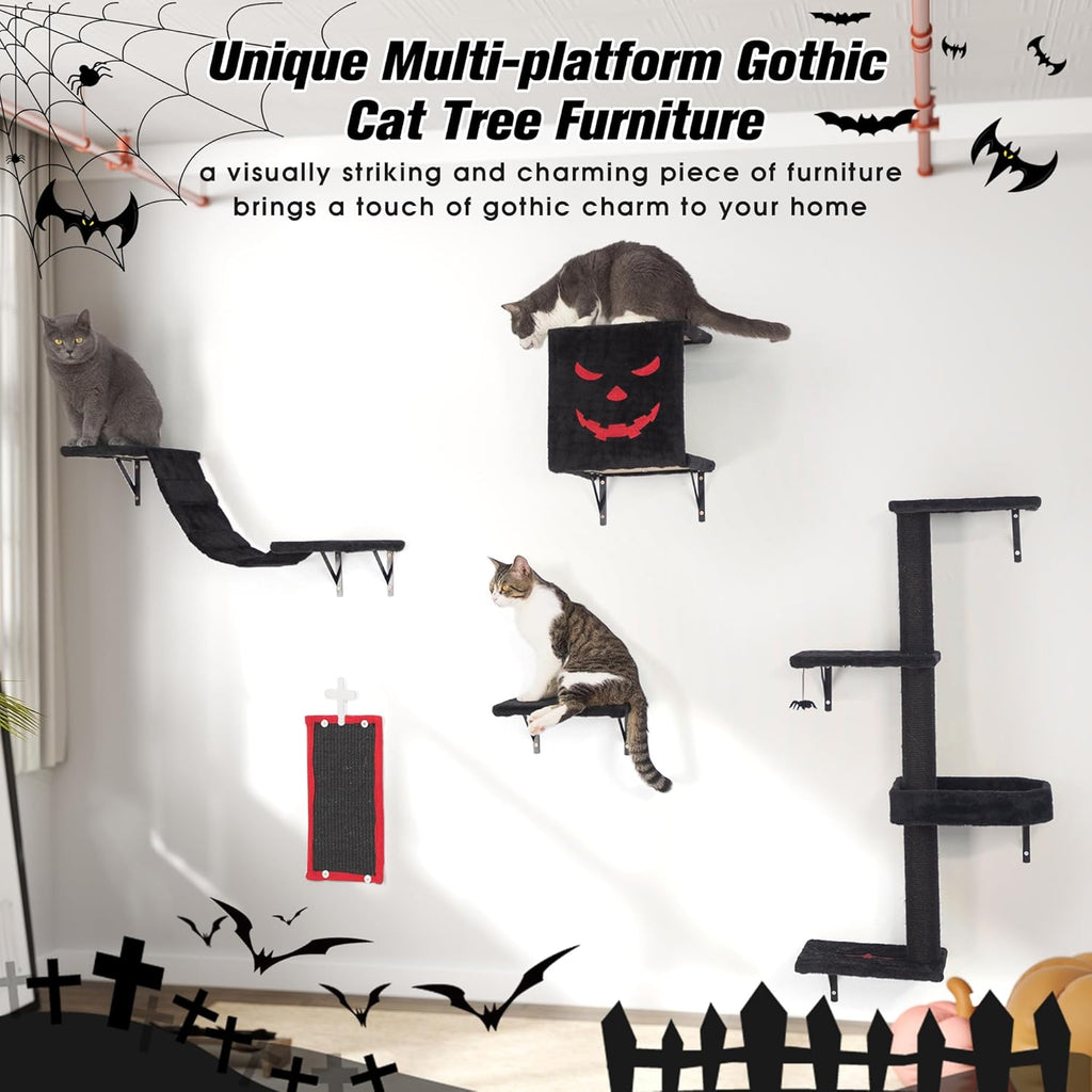 Gothic Wall-Mounted Cat Furniture Set 5-Piece with Shelves, Scratcher & Perch S419