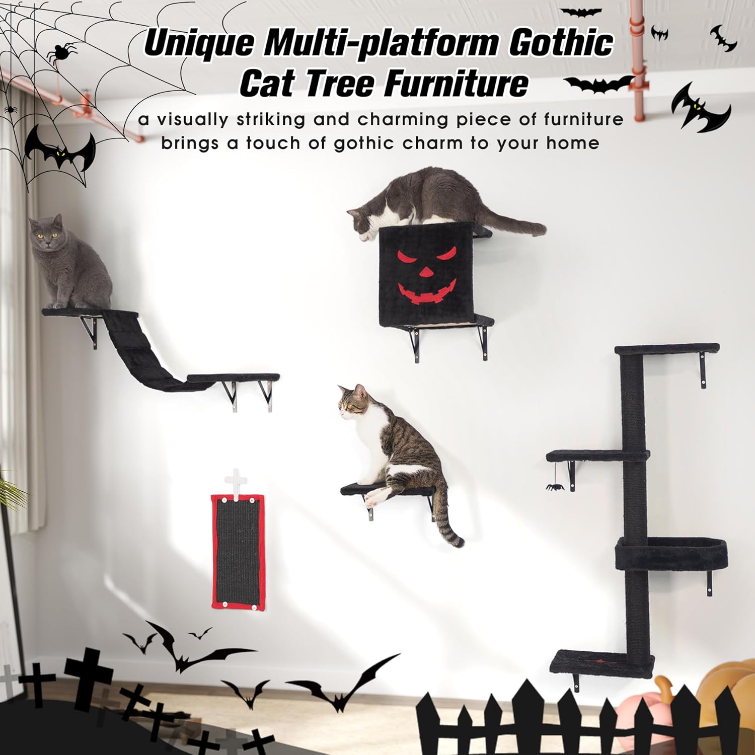 Gothic Wall-Mounted Cat Furniture Set 5-Piece with Shelves, Scratcher & Perch S419