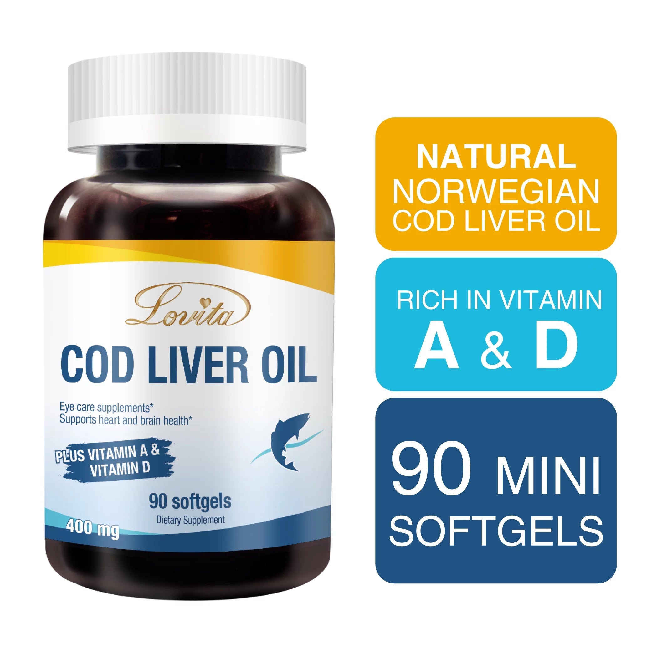 Lovita Cod Liver Oil 400 mg, Omega 3 with Vitamin A & D3, 90 Softgels (Pack of 3) T4339