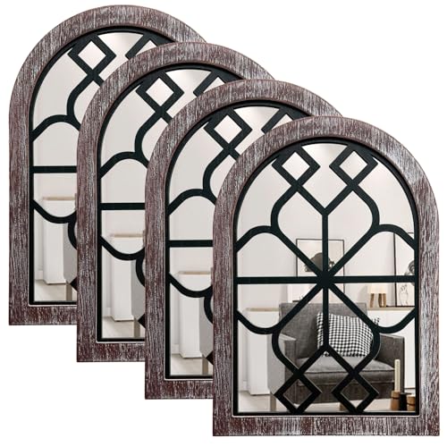 ZEXUIRU 4 Set Arched Window Mirror Wall Decor,Rustic Mirror Set Arches, Wood Framed Farmhouse Hanging Mirrors for Wall Decor Living Room,Bedroom Kitchen,Distressted White
