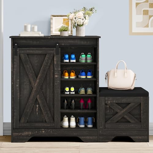 DWVO Farmhouse Shoe Cabinet with Sliding Door & Shoe Bench, 5-Tier, Dark Rustic Oak S3788