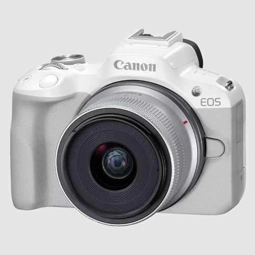 Canon EOS R50 Mirrorless Camera with RF-S 18-45mm Lens, White, Bundle with Bag, Batteries & Memory Cards S656267