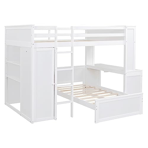 Harper & Bright Designs Full Over Twin Bunk Bed with Desk and Storage, Solid Wood, Gray L8927
