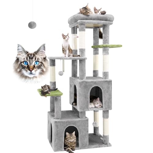 F61 Cat Tower for Indoor Cats, Heavy Duty Cat Trees for Large Cats Adult Big Cats Maine Coon Cat Tree Tower with Scratching Post, Extra Large Top Perch, Cat Condos, Light Grey, 61inch
