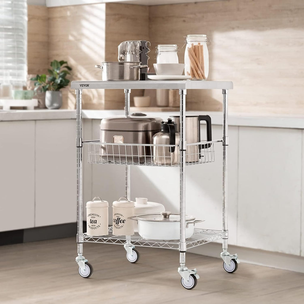 VEVOR Kitchen Utility Cart, 3-Tier Steel Rolling Cart with Brake Wheels X906