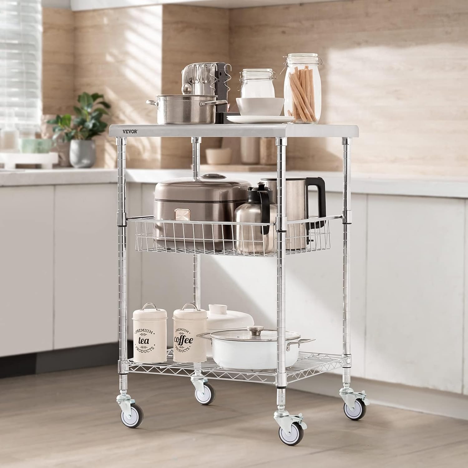 VEVOR Kitchen Utility Cart, 3-Tier Steel Rolling Cart with Brake Wheels X906