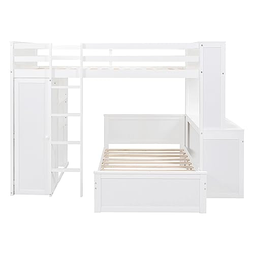 Harper & Bright Designs Full Over Twin Bunk Bed with Desk and Storage, Solid Wood, Gray L8927