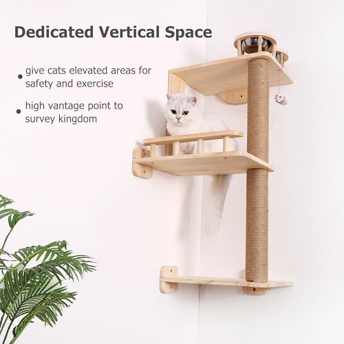 Corner Cat Shelf Wall Mounted with Feeder, 3 Levels Cat Wall Tree for Indoor Cats F39365