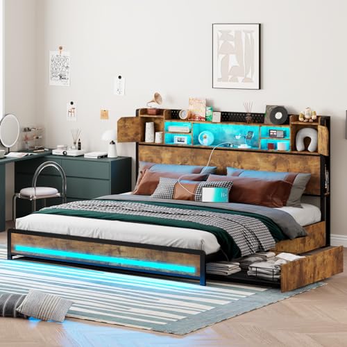 King Size Bed Frame with Storage Drawers and Bookcase Headboard, LED Lights, Vintage Brown K9476