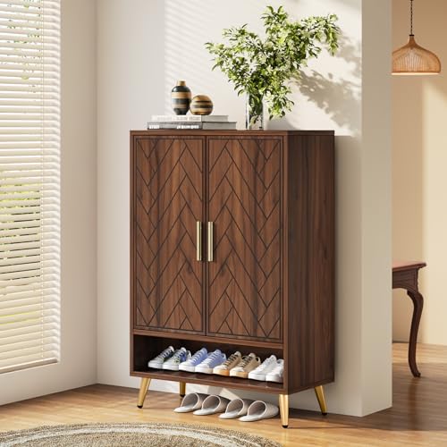Tribesigns Walnut Shoe Cabinet with Doors, 6-Tier for Entryway Y122
