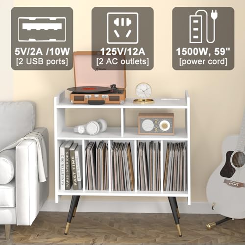 Large Record Player Stand with Power Outlet, Holds 350 Albums, Black I10987