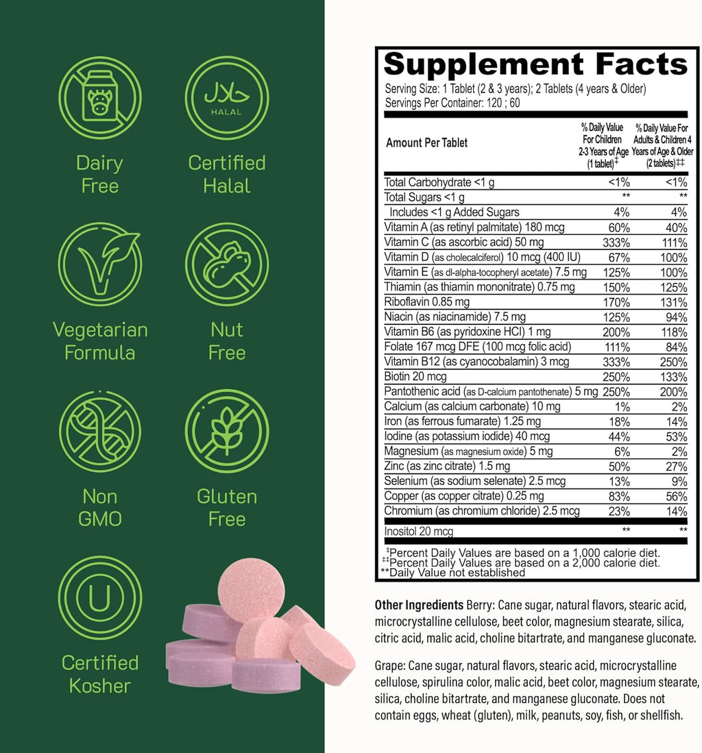 YumVs Complete Kids Multivitamin with Iron, Chewable, Kosher, Gluten Free, 120 Tablets O148