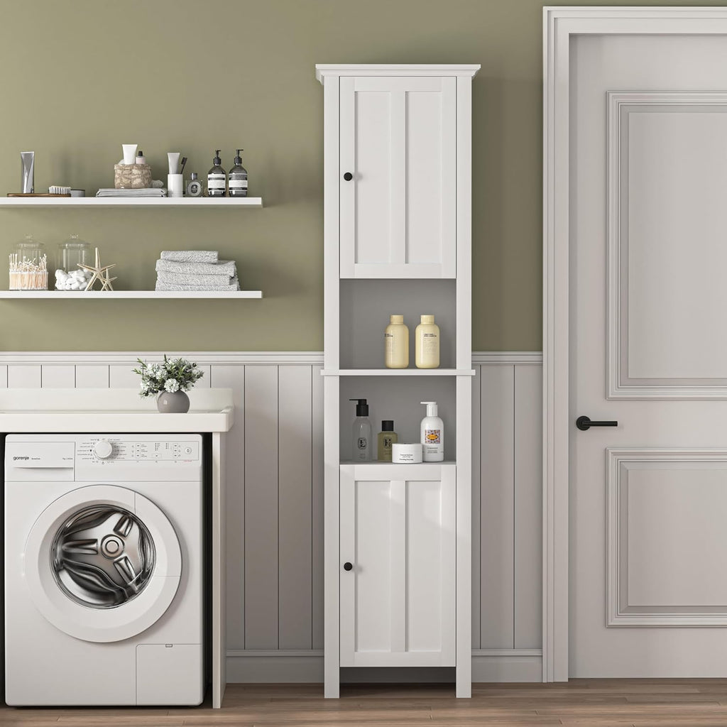 Tall Bathroom Storage Cabinet with Shelves and Door, Narrow Bathroom Cabinet with Adjustable Shelves, Slim Storage Tower, Linen Cabinet for Bedroom, Living Room (White, 15.7"L x 11.8"W x 67"H)