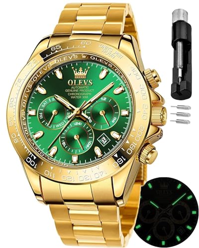 OLEVS Gold Watches for Men Automatic Self Winding Luxury Waterproof Watch Calendar Stainless Steel Business Luminous Men's Wrist Watch