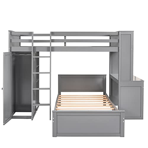 Harper & Bright Designs Full Over Twin Bunk Bed with Desk and Storage, Solid Wood, Gray L8927