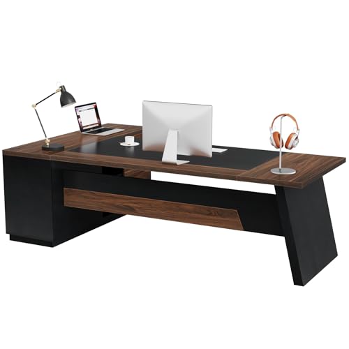 Tribesigns 78" L-Shaped Executive Desk with Drawers and File Cabinet, Walnut & Black V6249