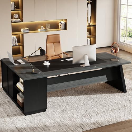 Tribesigns 78" L-Shaped Executive Desk with Drawers and File Cabinet, Walnut & Black V6249
