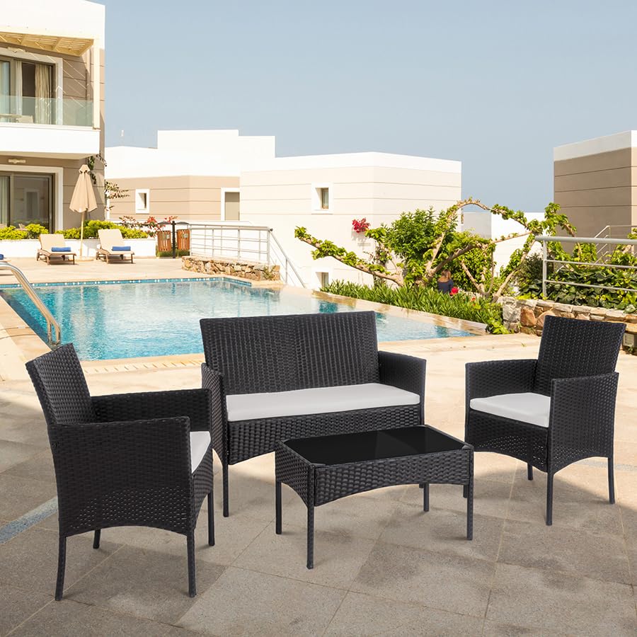 Shintenchi 4 Piece Outdoor Patio Furniture Set with Rattan Chairs and Glass Coffee Table, Black W6133