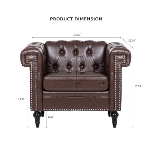Chesterfield Leather Chair with Tufted Back and Solid Wood Legs, Brown P779