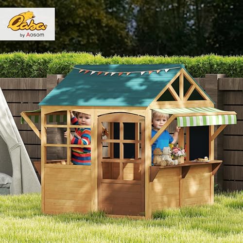 Qaba Foldable Wooden Outdoor Playhouse for Kids 3-8 Years, Brown J22431