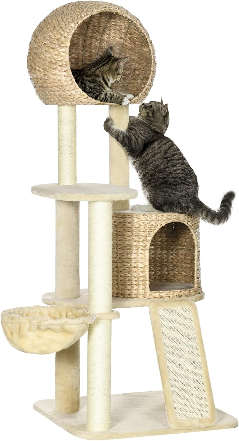PawHut 59 Inch Cat Tree for Indoor Cats, Cat Tower with Cat Condo, Hammock, Perches, Scratching Posts, Ramp for Large Cats, Beige