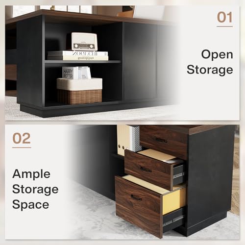 Tribesigns 78" L-Shaped Executive Desk with Drawers and File Cabinet, Walnut & Black V6249