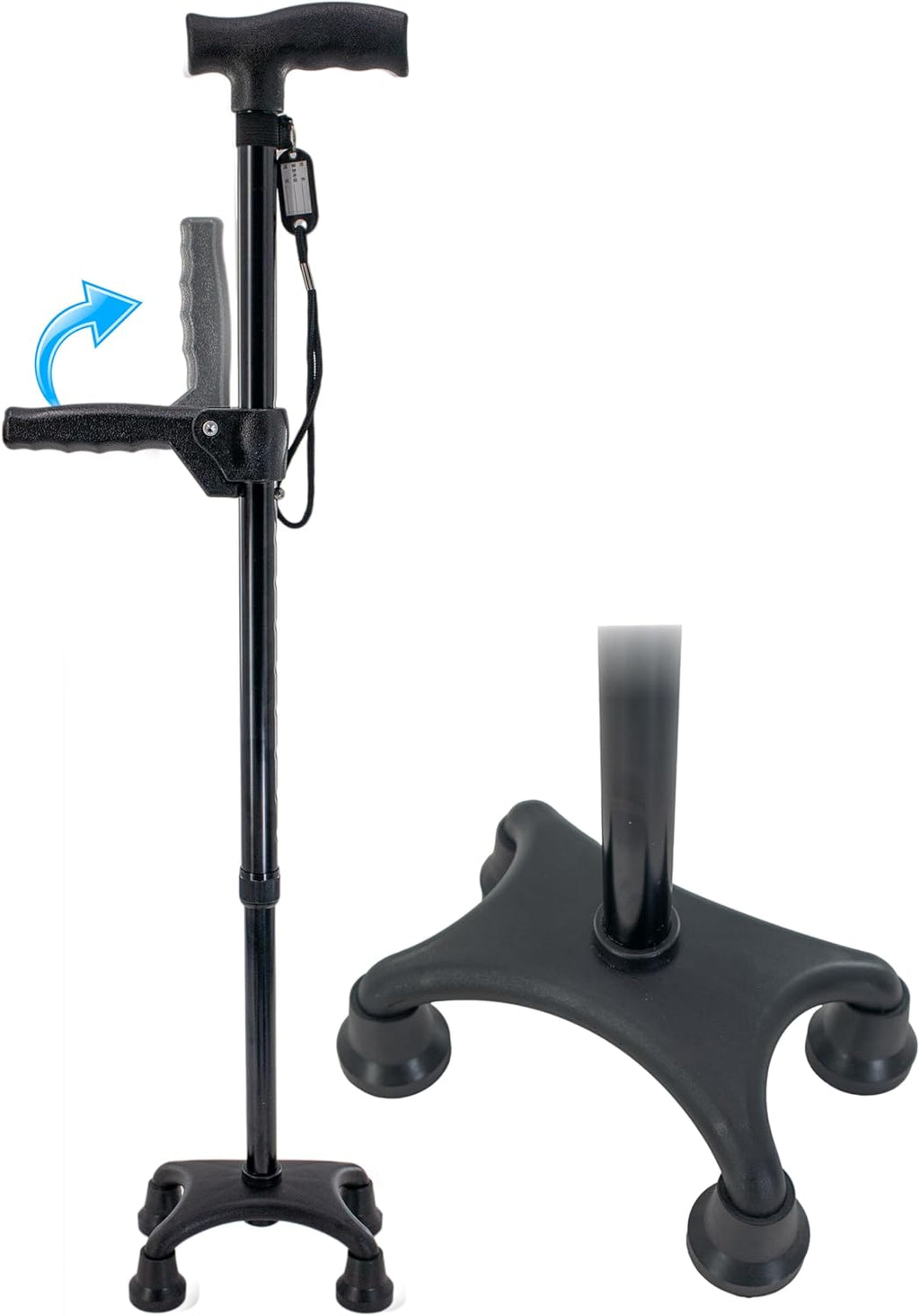Walking Stick Cane w/Quad Four Prong Base, Adjustable Rotatable Second Support Handle & 10 Height Adjustments - Self Standing Cane, Dual Ergonomic Handle - Perfect for Elderly Seniors