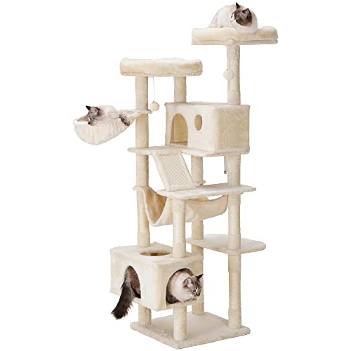 Hey-brother Cat Tree, XL Cozy Cat Tower, 69 Inch Tall Cat Condo with Hammock, Basket, Scratching Posts, 2 Large Cat Caves, 2 Plush Perches, Stable Cat Activity Center, Light Gray MPJ033W