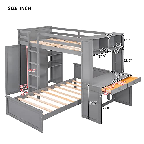 Harper & Bright Designs Full Over Twin Bunk Bed with Desk and Storage, Solid Wood, Gray L8927