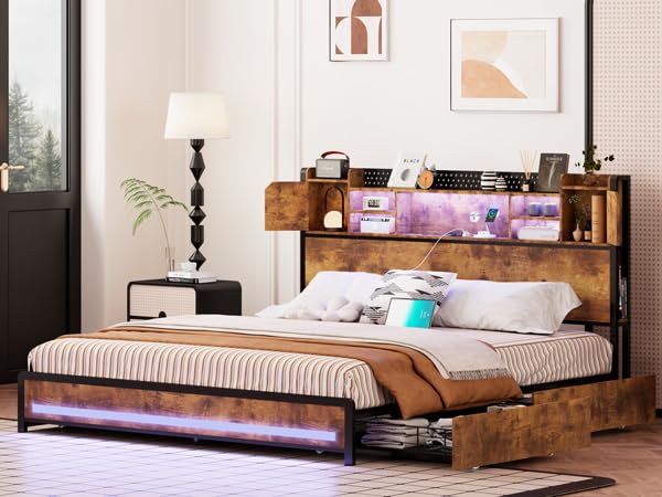 King Size Bed Frame with Storage Drawers and Bookcase Headboard, LED Lights, Vintage Brown K9476