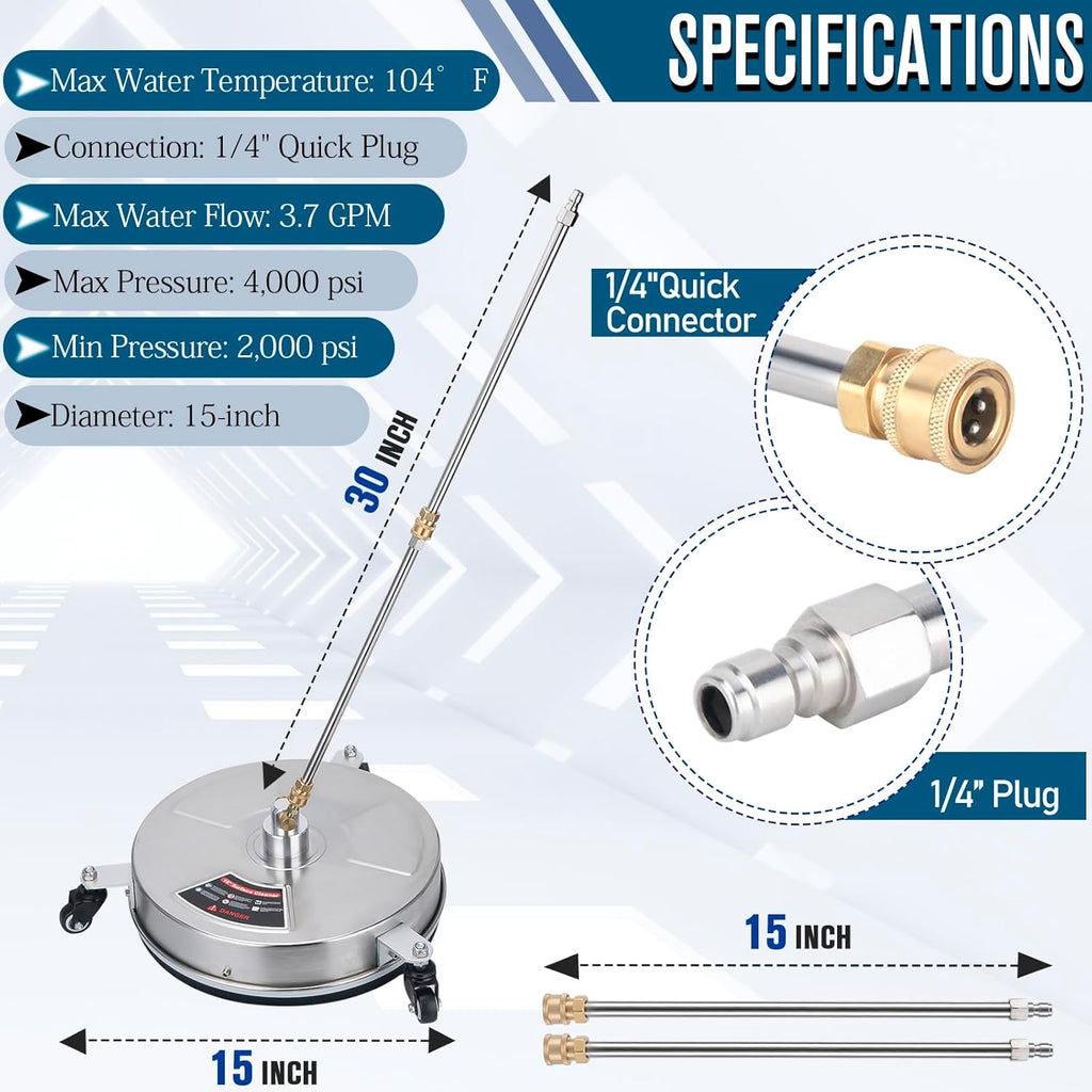 15 inch Pressure Washer Surface Cleaner with 3 Wheels and 2 Extension Wand P216