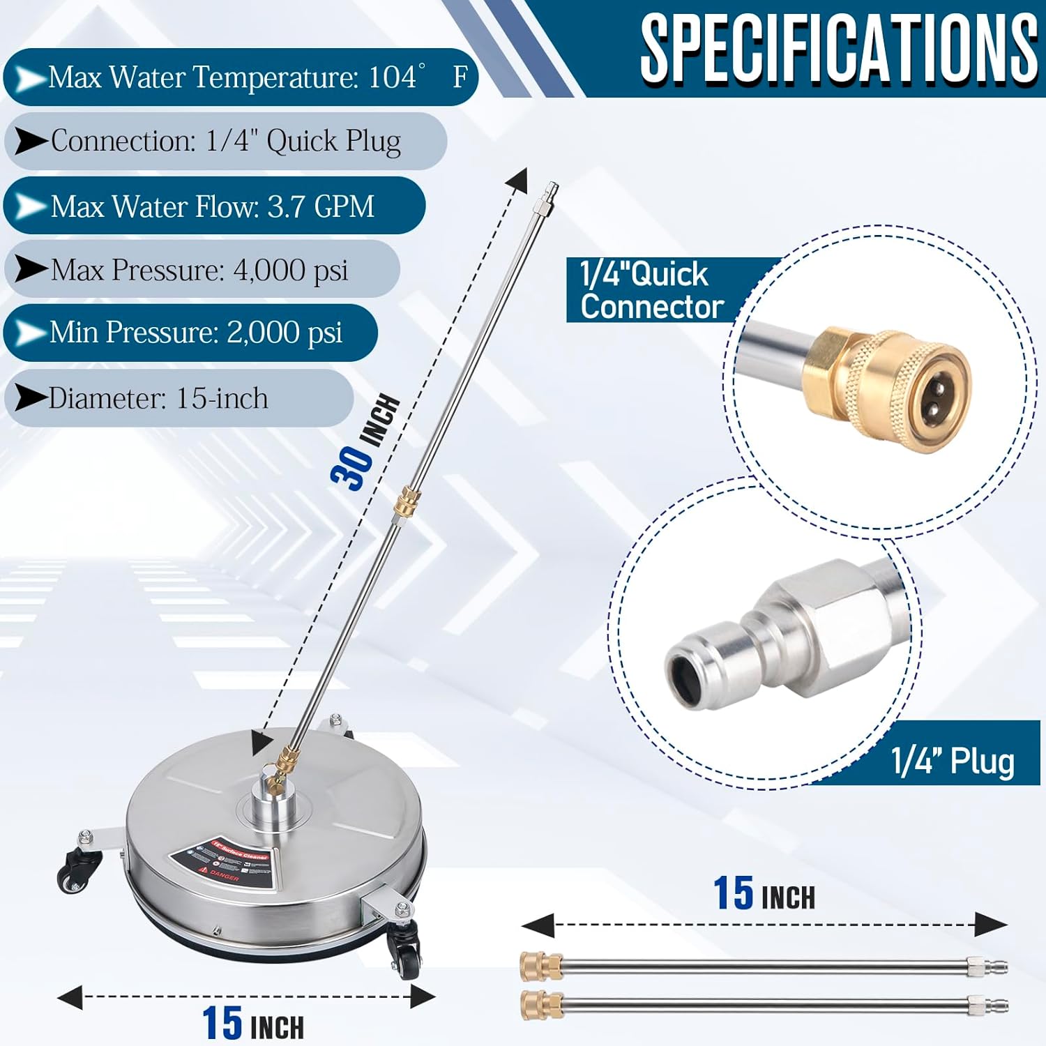 15 inch Pressure Washer Surface Cleaner with 3 Wheels and 2 Extension Wand P216