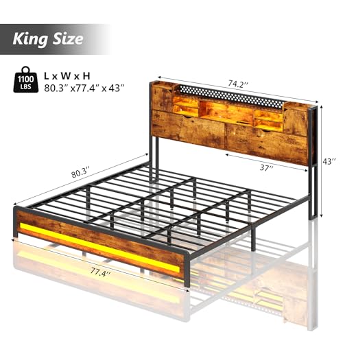 King Size Bed Frame with Storage Drawers and Bookcase Headboard, LED Lights, Vintage Brown K9476