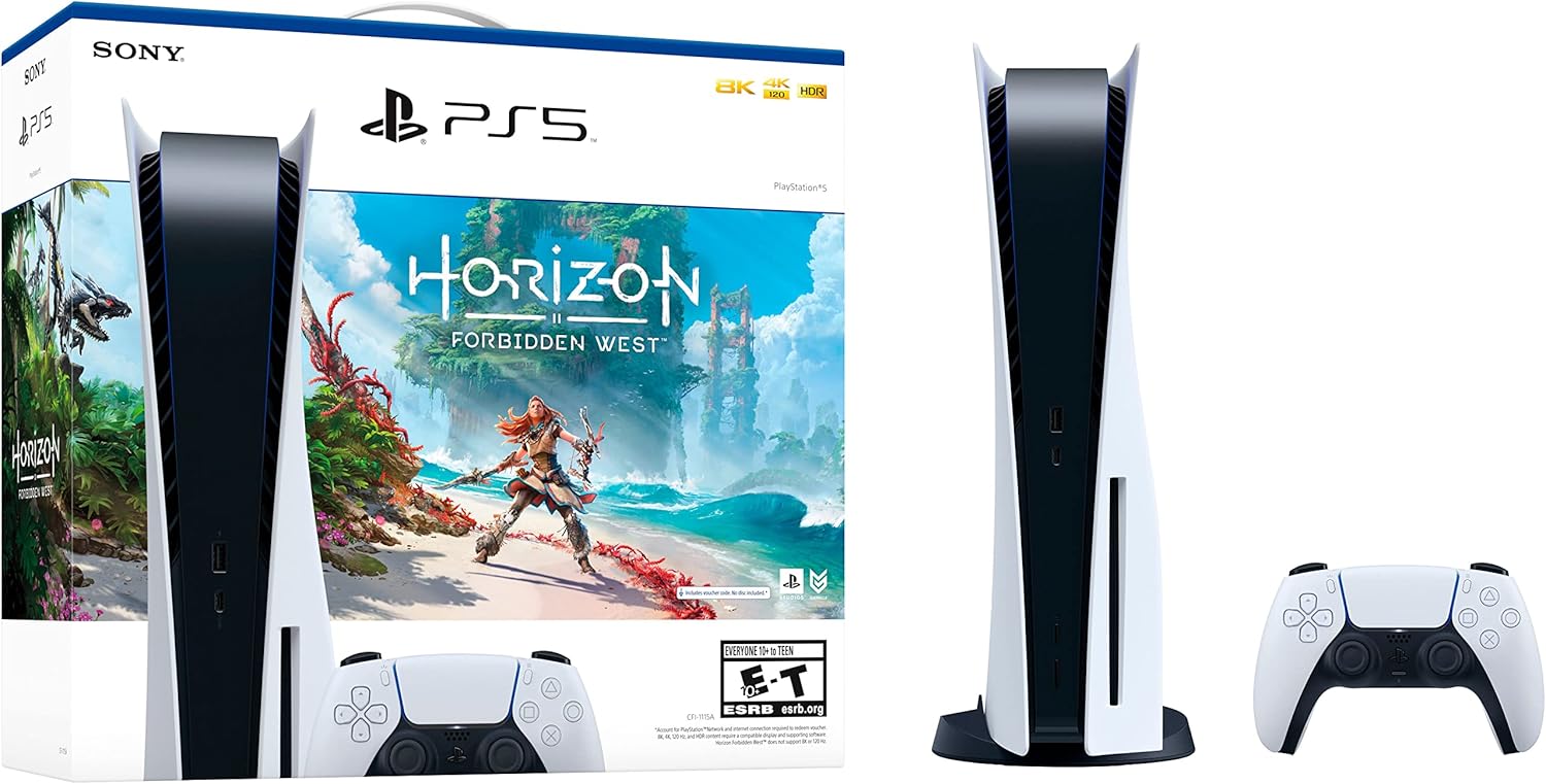 Sony PS5 Playstation 5 Disc Version Console Horizon Forbidden West Bundle - 16GB GDDR6 RAM, 825GB SSD, 4K Blu-ray player, WiFi 6, Bluetooth 5.1, Ethernet, 4K and HDR, Tempest 3D AudioTech