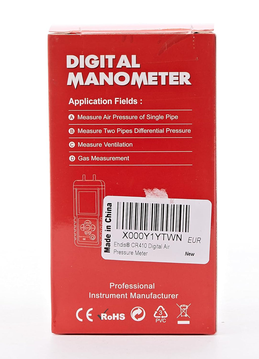 EHDIS Manometer Gas Pressure Tester Digital Differential Pressure Gauge HVAC M530411