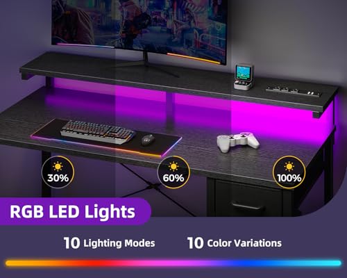 MOTPK Gaming Desk with LED Lights & Power Outlet, 48 Inch, Black X410417
