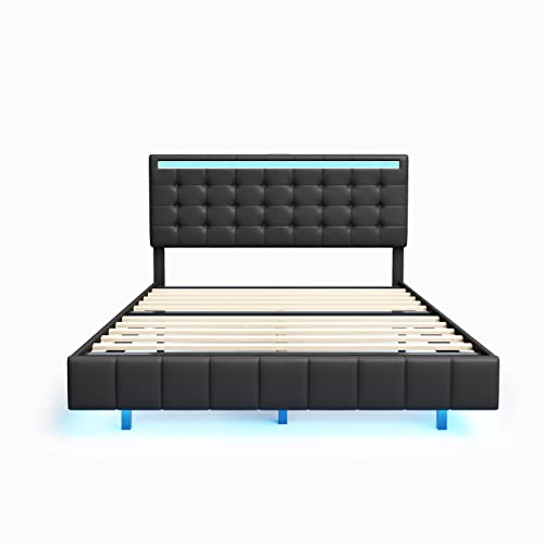 Queen Size LED Lighted Upholstered Platform Bed Frame with USB Charging, Black N957