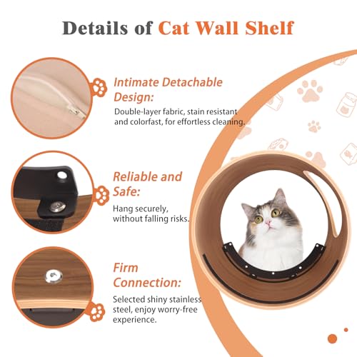 Cat Wall Shelves Round with Cushion for Large Cats, Wall Mounted Wooden Perch, Oak Y68462