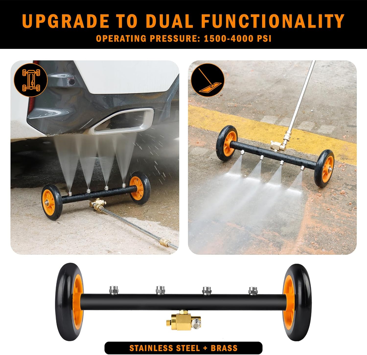 Siebwin 16" Dual-Function Water Broom for Pressure Washer Undercarriage Cleaner, 4000 PSI, Orange T779768