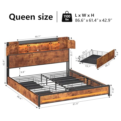 King Size Bed Frame with Storage Drawers and Bookcase Headboard, LED Lights, Vintage Brown K9476