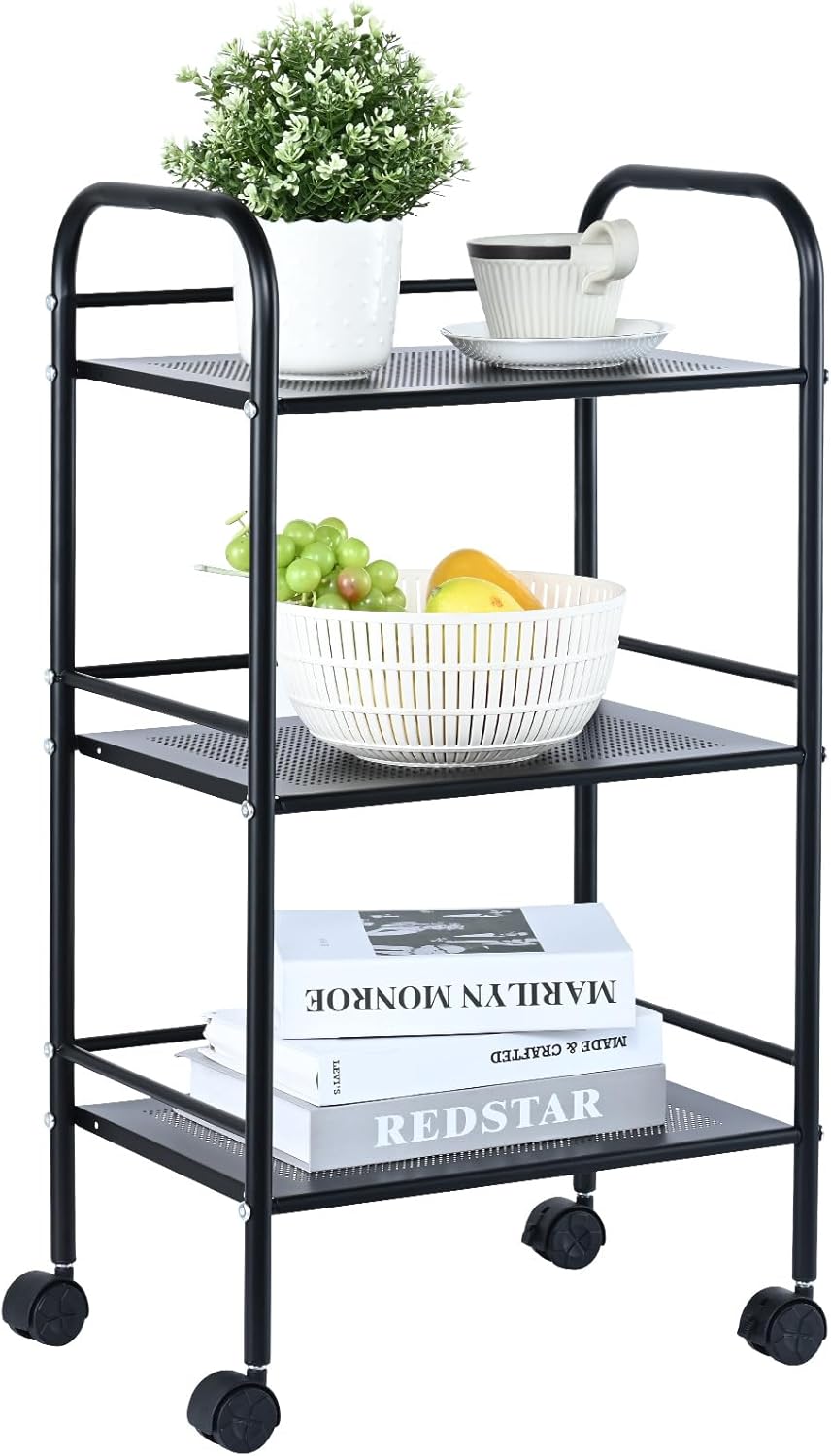 VEVOR 3-Tier Metal Rolling Cart with Lockable Wheels, Black Q103026